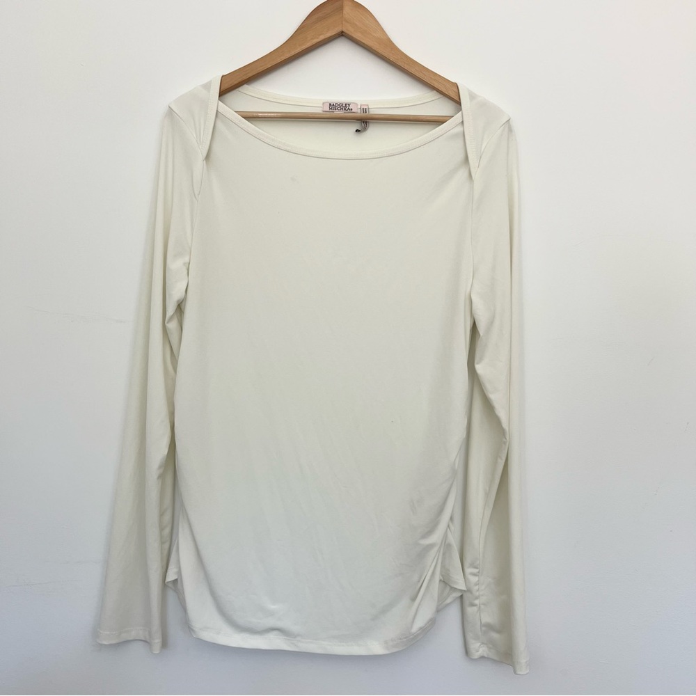 Badgley Mischka Elegant Cream Long Sleeve Top w Side Ruching Women’s XL Blouse